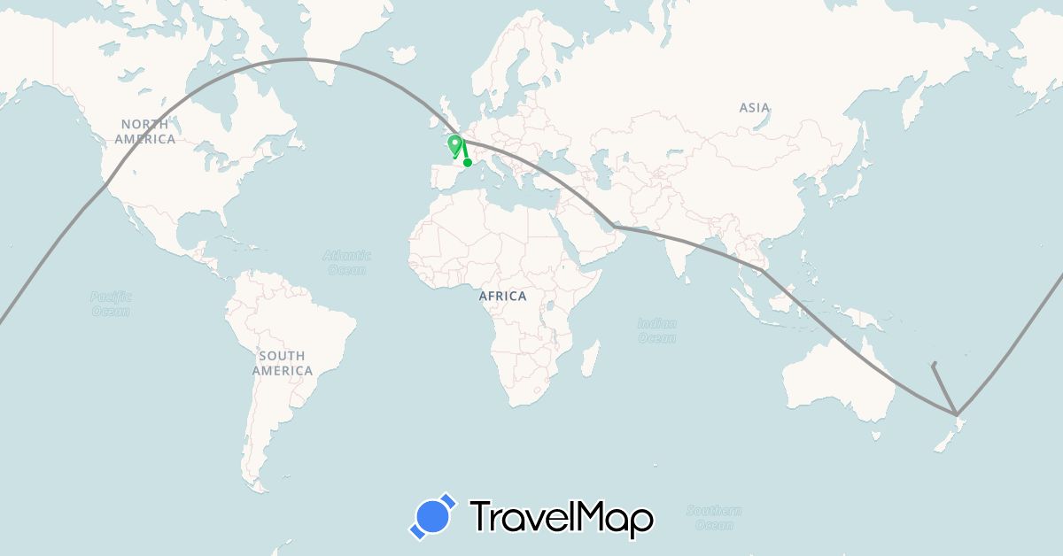 TravelMap itinerary: driving, bus, plane in United Arab Emirates, France, New Caledonia, New Zealand, United States, Vietnam (Asia, Europe, North America, Oceania)